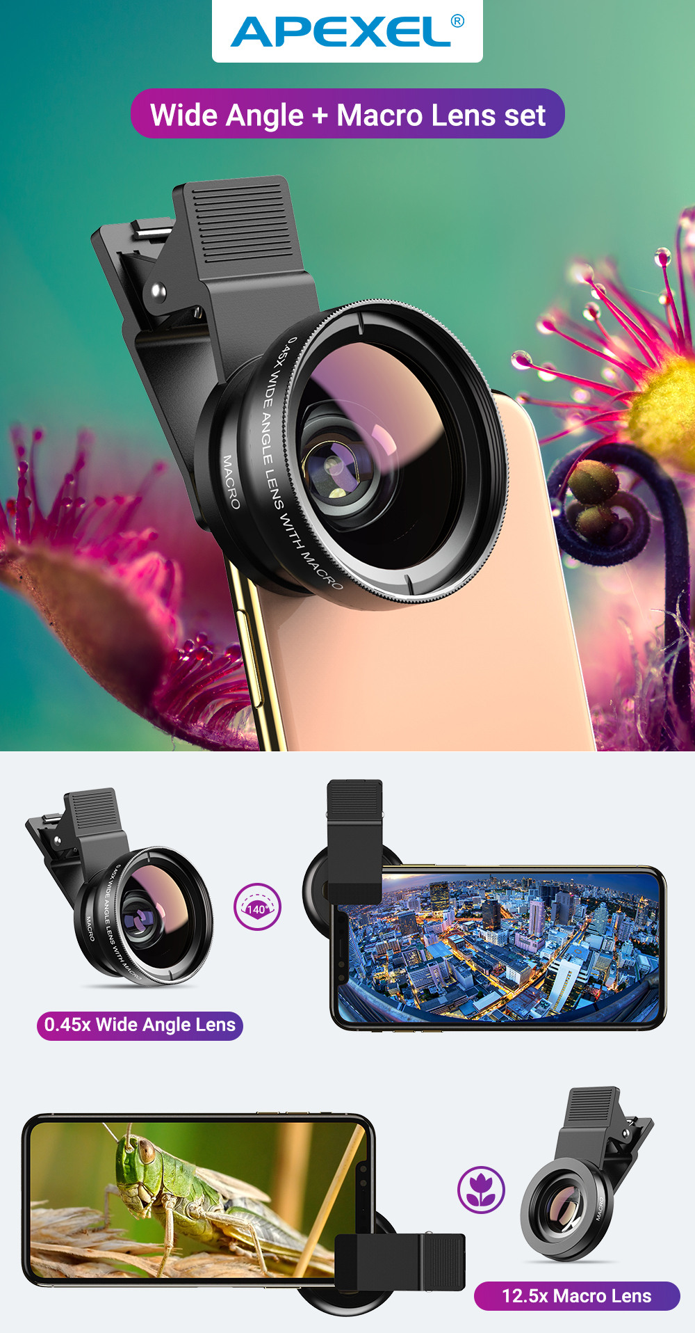 لنز موبایل واید و ماکرو اپکسل Apexel APL-0.45WM