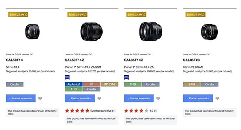 سونی ژاپن تمام لنزهای A-mount را در فروشگاه آنلاین خود به‌عنوان «تخریب‌شده» فهرست کرده است